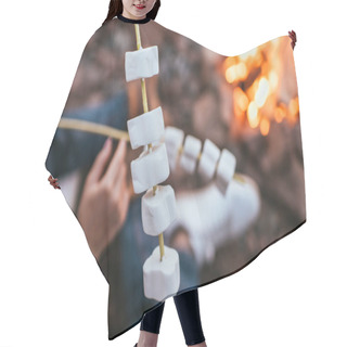 Personality  Selective Focus Of Puffy Marshmallows On Sticks Near Couple And Bonfire Hair Cutting Cape