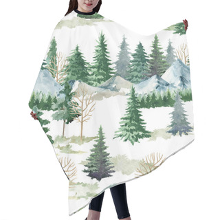 Personality  Mountain Landscape Seamless Pattern. Watercolor Illustration. Hand Drawn Realistic Wild Nature Pine, Mountain Scene Pattern. Green Forest Endless Element. Northern Nature On White Background Hair Cutting Cape