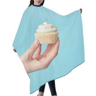 Personality  Partial View Of Woman Holding Tasty Cupcake On Blue Background Hair Cutting Cape