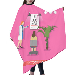 Personality  Vector Illustration Of Optometrist Checking Patients Vision In Flat Style Hair Cutting Cape