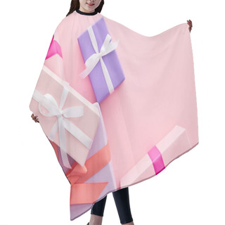 Personality  Top View Of Colorful Gift Boxes With Ribbons And Bows Scattered On Pink Background Hair Cutting Cape