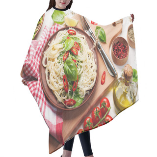 Personality  Pasta (spaghetti) With Basil And Cream Sauce, Grated Cheese And Pieces Of Hot Pepper On A Clay Brown Plate On A  Cutting Board. White Background. Italian Food. Vegetarian Concept. Delicious And Healthy Lunch Hair Cutting Cape