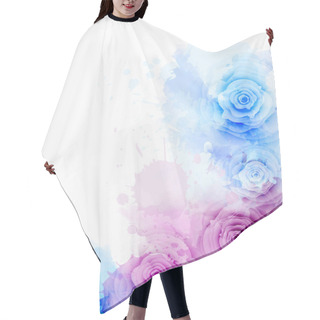Personality  Abstract Background With Watercolor Colorful Splashes And Rose Flowers. Purple And Blue Colored. Template For Your Designs, Such As Wedding Invitation, Greeting Card, Posters, Etc. Hair Cutting Cape