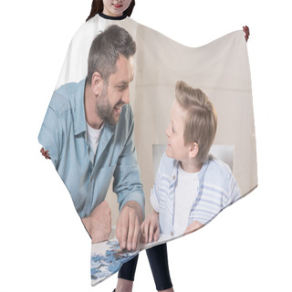 Personality  Man Playing Puzzle With Son Hair Cutting Cape