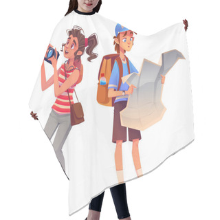 Personality  Tourist Tourist Character With Backpack, Map And Camera Isolated Tourism Illustration. Happy Woman Photographer Sightseeing On Holiday Vacation. Young Man In Hat With Luggage Hitchhiking Or Trekking Hair Cutting Cape