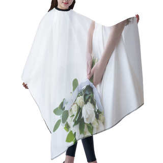 Personality  Cropped View Of Bride In Traditional Dress Holding Wedding Bouquet Hair Cutting Cape