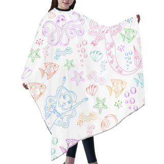 Personality  Seamless Pattern With Doodles Of Mermaids And Other Sea Creatures Hair Cutting Cape