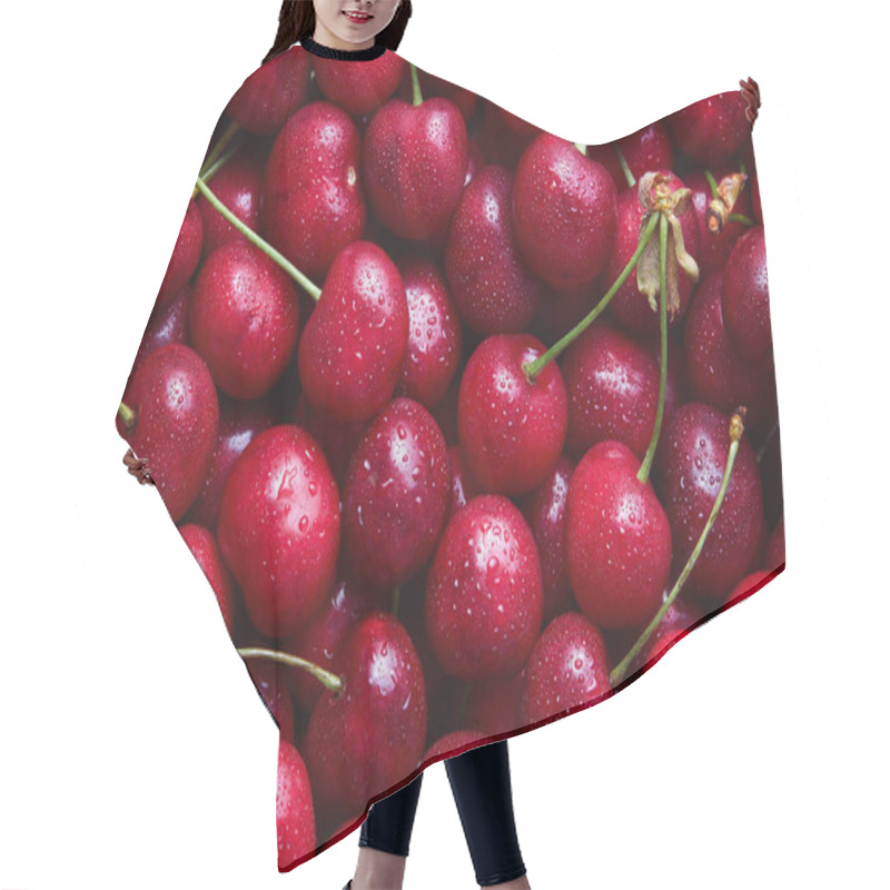 Personality  fresh red cherries with drops of water  hair cutting cape