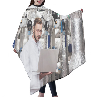 Personality  Handsome Bearded Engineer In White Coat Holding Laptop  Hair Cutting Cape