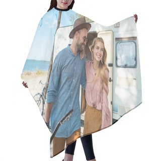 Personality  Beautiful Couple Hugging And Walking With Guitar Near Campervan Hair Cutting Cape