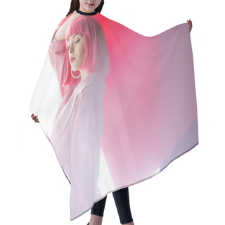 Personality  Pretty Woman Standing On White And Pink  Hair Cutting Cape