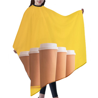 Personality  Multiple Disposable Coffee Cups Organized In A Row Over Yellow Background Hair Cutting Cape