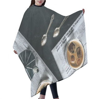 Personality  Flat Lay With Coffee Maker, Spoons, Newspaper And Glasses Of Cold Brewed Coffee On Black Tabletop Hair Cutting Cape