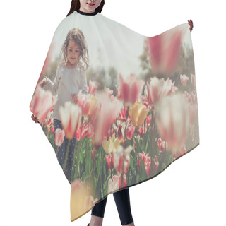 Personality  Little Beautiful Girl In Flowers Park And Blooming Tulips Hair Cutting Cape