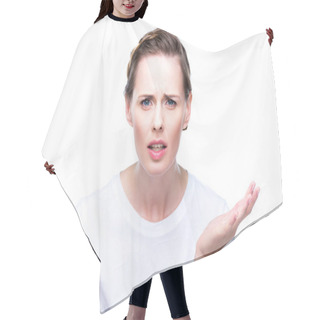 Personality  Confused Woman With Shrug Gesture Hair Cutting Cape