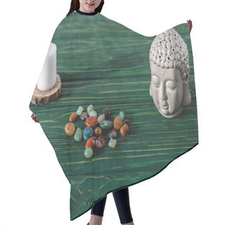 Personality  Buddha Statuette, Candle And Colorful Semiprecious Stones On Wooden Surface Hair Cutting Cape