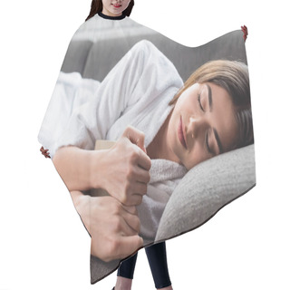 Personality  Young Adult Woman Sleeping With Book In Hands On Grey Couch At Home Hair Cutting Cape