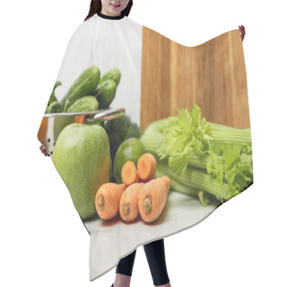 Personality  Tasty Fruits Near Ripe, Fresh Vegetables And Wooden Cutting Board On White  Hair Cutting Cape