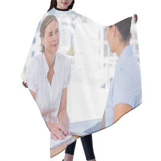 Personality  Woman Having A Job Interview With A Businesswoman Hair Cutting Cape