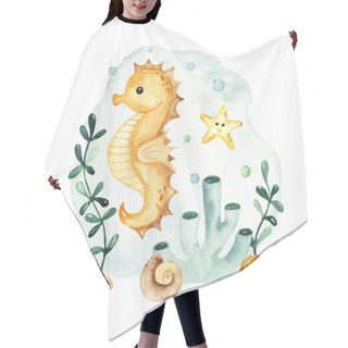 Personality  Seahorse, Starfish, Seaweed. Watercolor Hand Drawn Composition Hair Cutting Cape