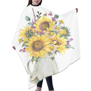Personality  Watercolor Rustic Farmhouse Sunflower, Wildflowers, Meadow Flowers Bouquet, Vintage White Enamel Jug, Vase Isolated On White Background. Yellow Sunflower Aesthetic Vintage Greeting Card.  Hair Cutting Cape