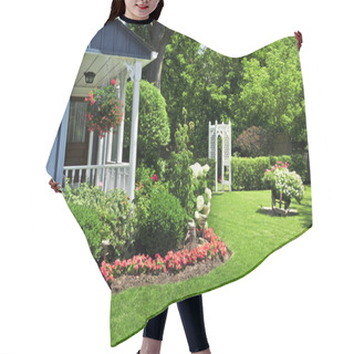 Personality  Landscaped Front Yard Of A House With Flowers And Green Lawn Hair Cutting Cape