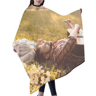 Personality  Couple Lying On Grass With Guitar Hair Cutting Cape