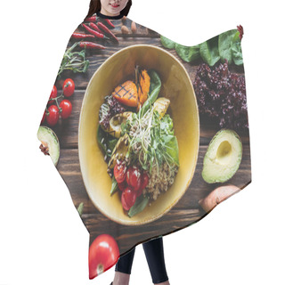 Personality  Flat Lay With Vegetarian Salad With Grilled Vegetables, Sprouts, Cherry Tomatoes In Bowl And Arranged Fresh Ingredients Around On Wooden Tabletop Hair Cutting Cape