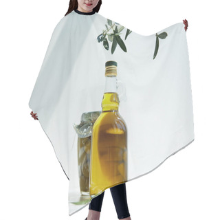 Personality  Bottle Of Aromatic Olive Oil, Branches And Jar With Green Olives On White Table Hair Cutting Cape