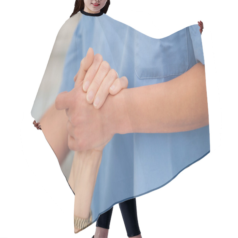 Personality  Nurse Holding Hands Of The Elderly Lady Hair Cutting Cape