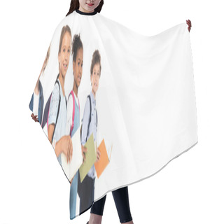 Personality  Horizontal Image Of Multicultural Schoolkids With Backpacks Holding Books Isolated On White  Hair Cutting Cape