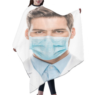 Personality  Serious Young Male Doctor In Medical Mask Looking At Camera Isolated On White  Hair Cutting Cape