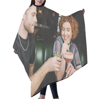 Personality  Positive Red Haired Woman Clinking Cocktail With Blurred Friend In Bar In Evening Hair Cutting Cape