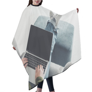 Personality  Cropped View Of Woman Using Laptop With Blank Screen At Home Hair Cutting Cape