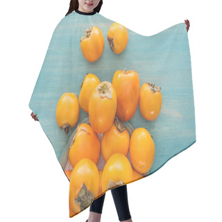 Personality  Top View Of Orange Ripe Persimmons On Blue Background Hair Cutting Cape