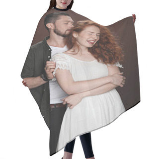 Personality  Cheerful Young Couple Hair Cutting Cape