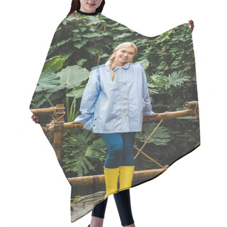 Personality  Beautiful Young Woman In Blue Raincoat And Yellow Rubber Boots In Rainforest Hair Cutting Cape