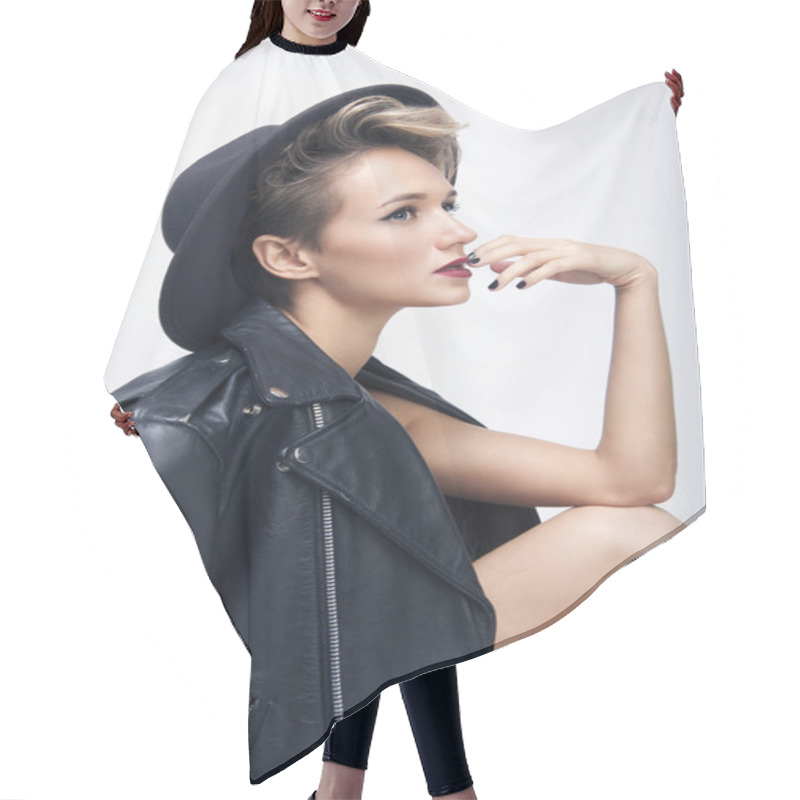Personality  Portrait Of Sensual Woman In Hat,leather Jacket. Hair Cutting Cape