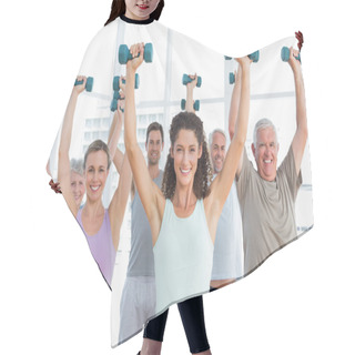 Personality  Class Exercising With Dumbbells In Gym Hair Cutting Cape