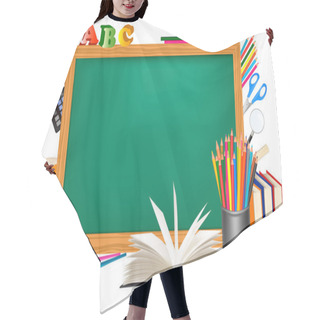 Personality  Green Desk With School Supplies. Hair Cutting Cape