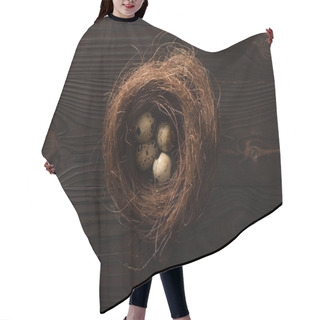 Personality  Top View Of Quail Eggs In Nest On Dark Wooden Background Hair Cutting Cape