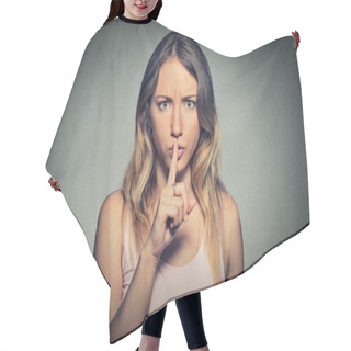Personality  Portrait Of Beautiful Woman With Finger On Lips Gesture  Hair Cutting Cape