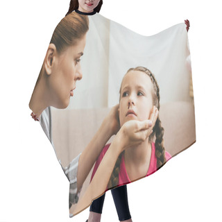 Personality  Worried Mother Looking At Sad Daughter With Nasal Bleeding Hair Cutting Cape
