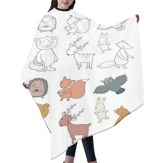 Personality  Animals Of The Forest. Set With Cute Cartoon Bears, Fox, Hare And Squirrel, Owl And Deer. Design For Children Hair Cutting Cape