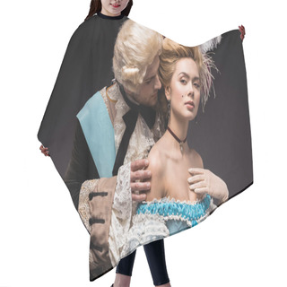 Personality  Handsome Victorian Man Looking At Young Woman In Wig On Black  Hair Cutting Cape