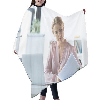 Personality  Serious Businesswoman Working With Documents Hair Cutting Cape