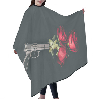 Personality  Red Roses In Gun Barrel Isolated On Black Hair Cutting Cape