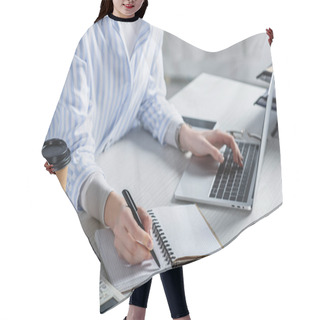 Personality  Cropped View Of Woman Writing In Notebook On Wooden Desk Hair Cutting Cape