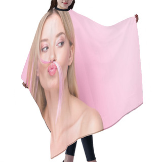 Personality  Funny Young Woman Making Mustache With Pink Hair Strand Isolated On Pink Hair Cutting Cape