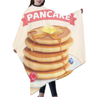 Personality  Homemade Pancake Ads In 3d Illustration, Pile Of Pancakes With Butter And Honey Dripping With Blueberries And Raspberry On A Serving Plate Over Beige Background Hair Cutting Cape